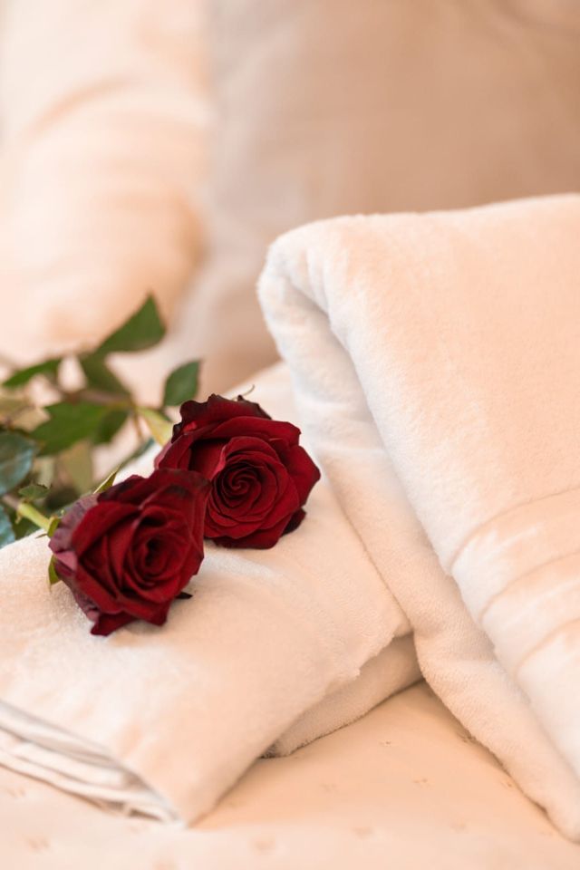 Rose rosse sugli asciugamani — dettaglio romantico Luxury Suite Nemi